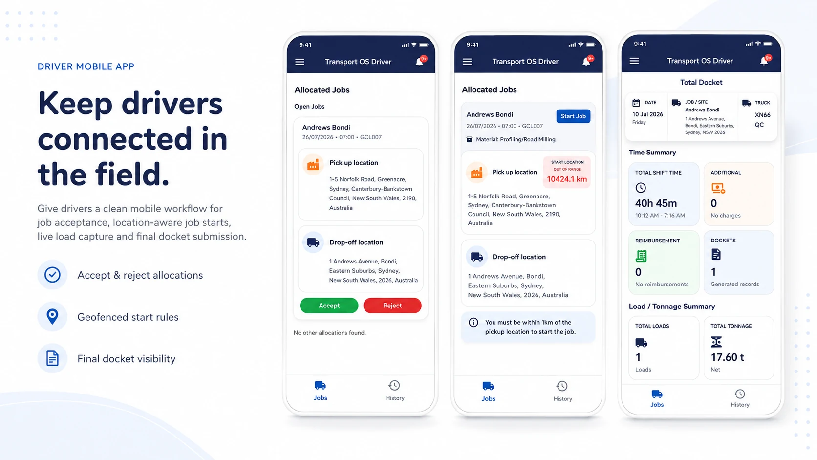 Driver mobile app showing job allocations, location-aware start rules and final docket visibility